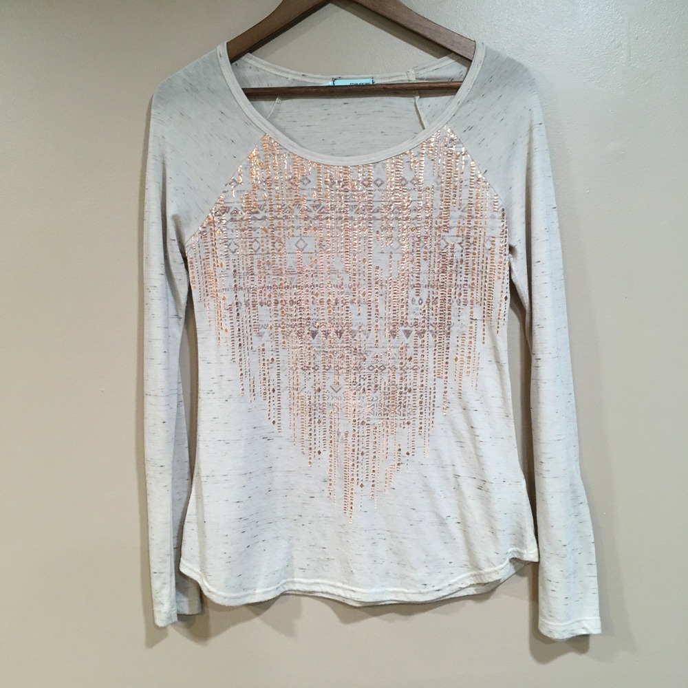 Maurices Metallic Aztec Print Long Sleeve Shirt Womens S Cream Gold Boho Tribal